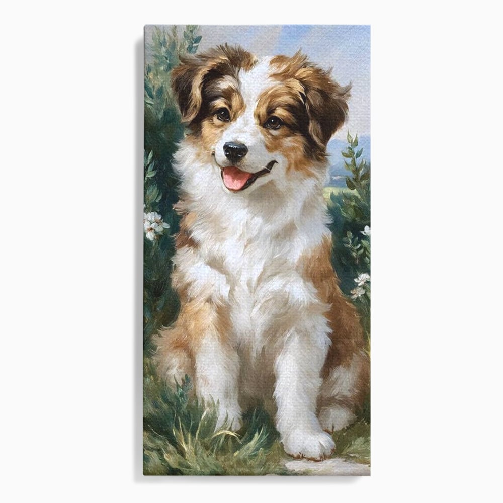 Tablou canvas cu tablou canvas cu catel prietenos in gradina, fara rama, pe sasiu de lemn